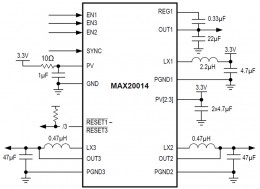 Микросхема Maxim c синхронным повышающим  и сдвоенным понижающим преобразователем